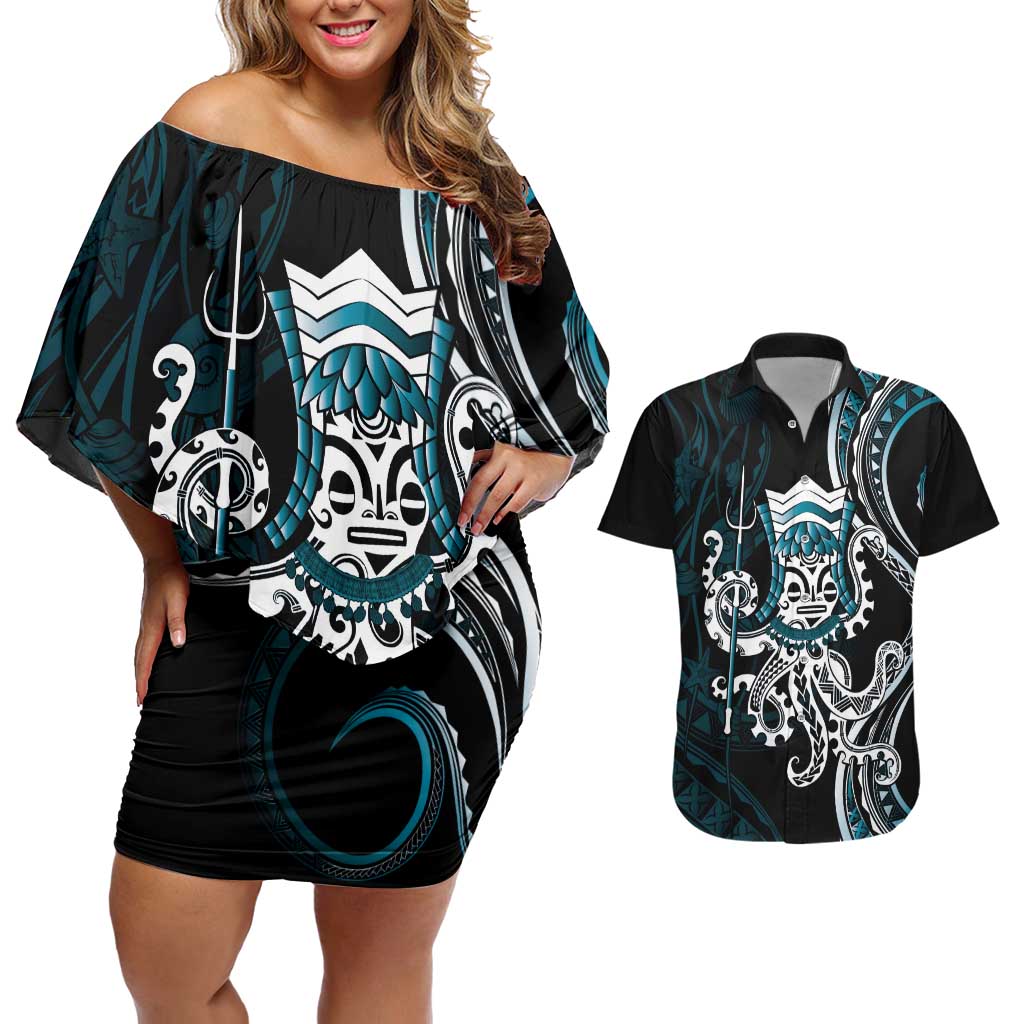 Turquoise Hawaii Kanaloa God Couples Matching Off Shoulder Short Dress and Hawaiian Shirt Hawaiian Octopus