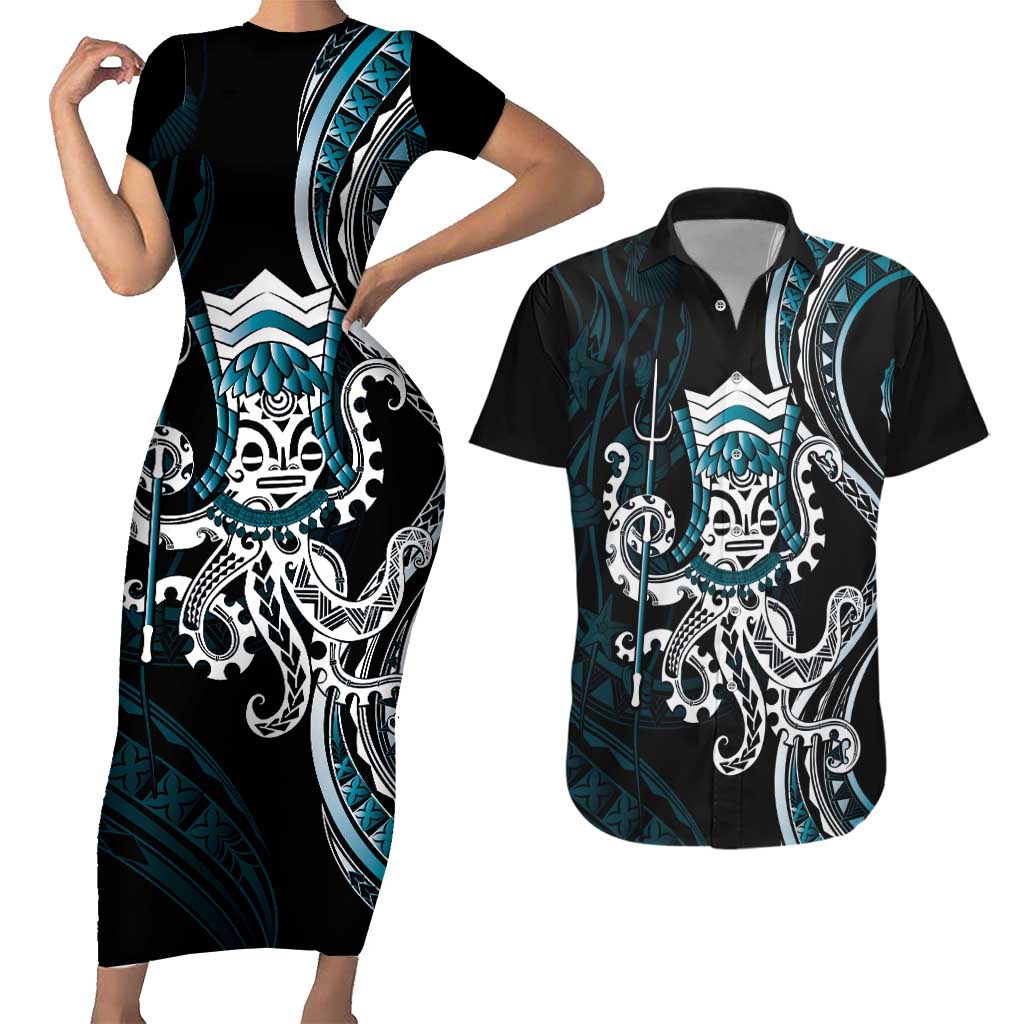 Turquoise Hawaii Kanaloa God Couples Matching Short Sleeve Bodycon Dress and Hawaiian Shirt Hawaiian Octopus