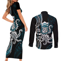 Turquoise Hawaii Kanaloa God Couples Matching Short Sleeve Bodycon Dress and Long Sleeve Button Shirt Hawaiian Octopus