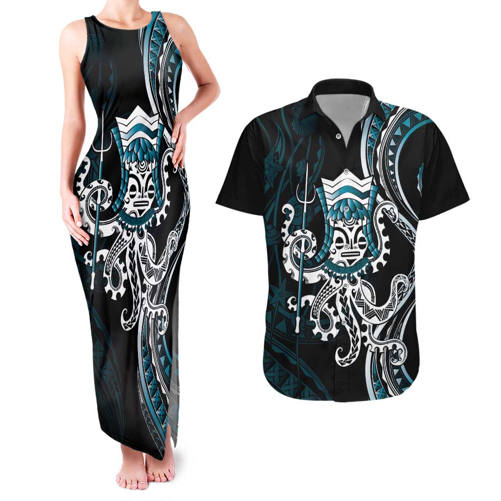 Turquoise Hawaii Kanaloa God Couples Matching Tank Maxi Dress and Hawaiian Shirt Hawaiian Octopus