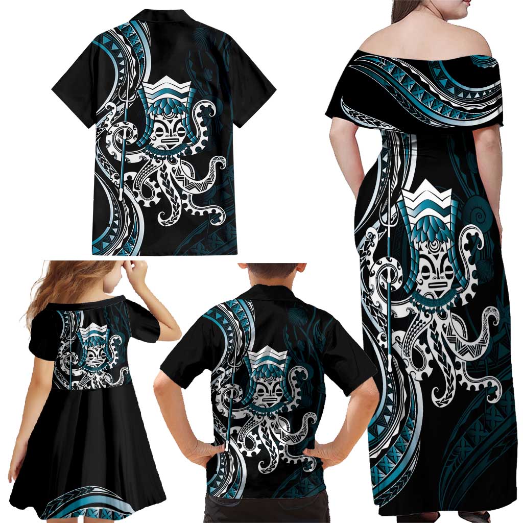Turquoise Hawaii Kanaloa God Family Matching Off Shoulder Maxi Dress and Hawaiian Shirt Hawaiian Octopus