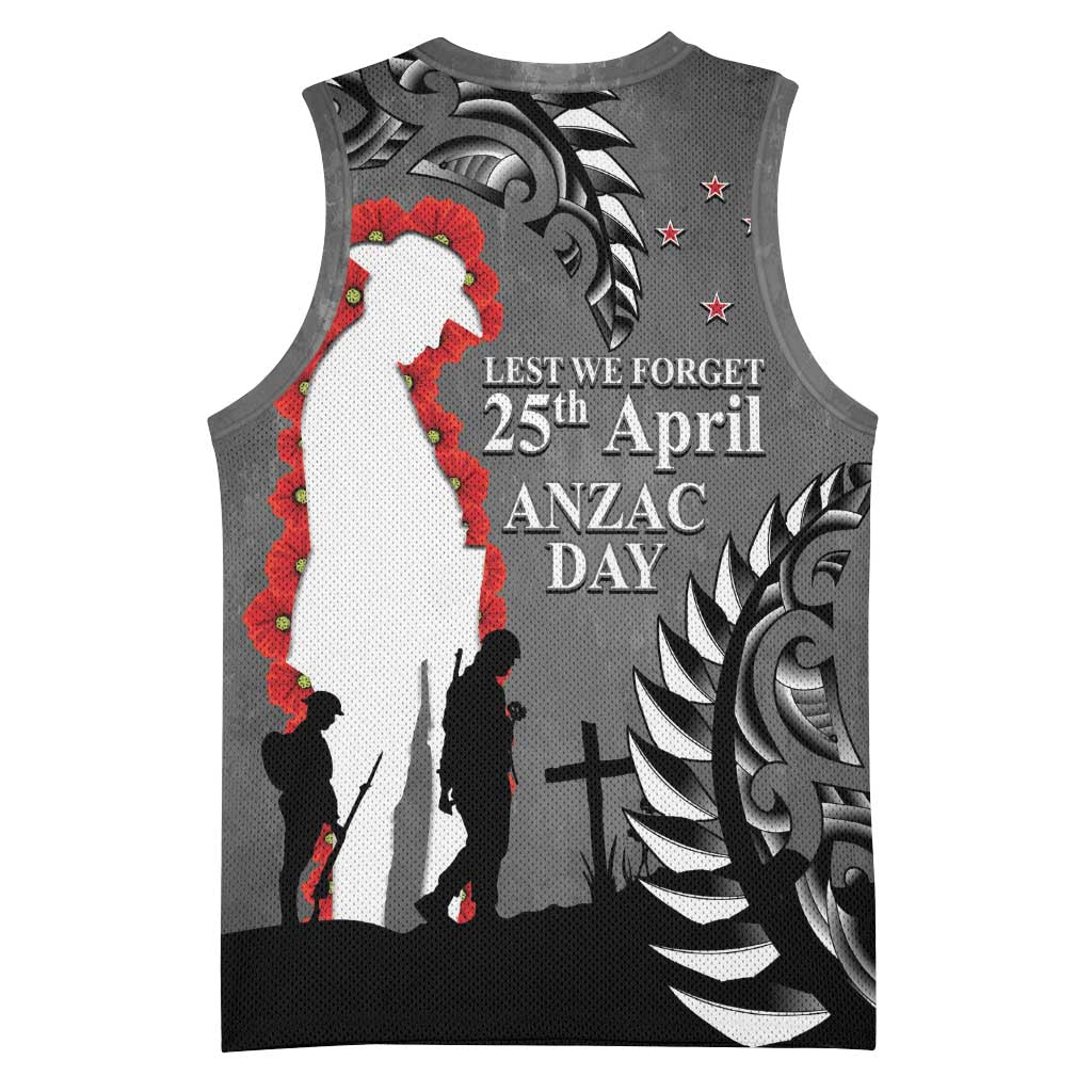 New Zealand ANZAC Day Basketball Jersey 25th April Silver Fern With Poppy - Polynesian Pride