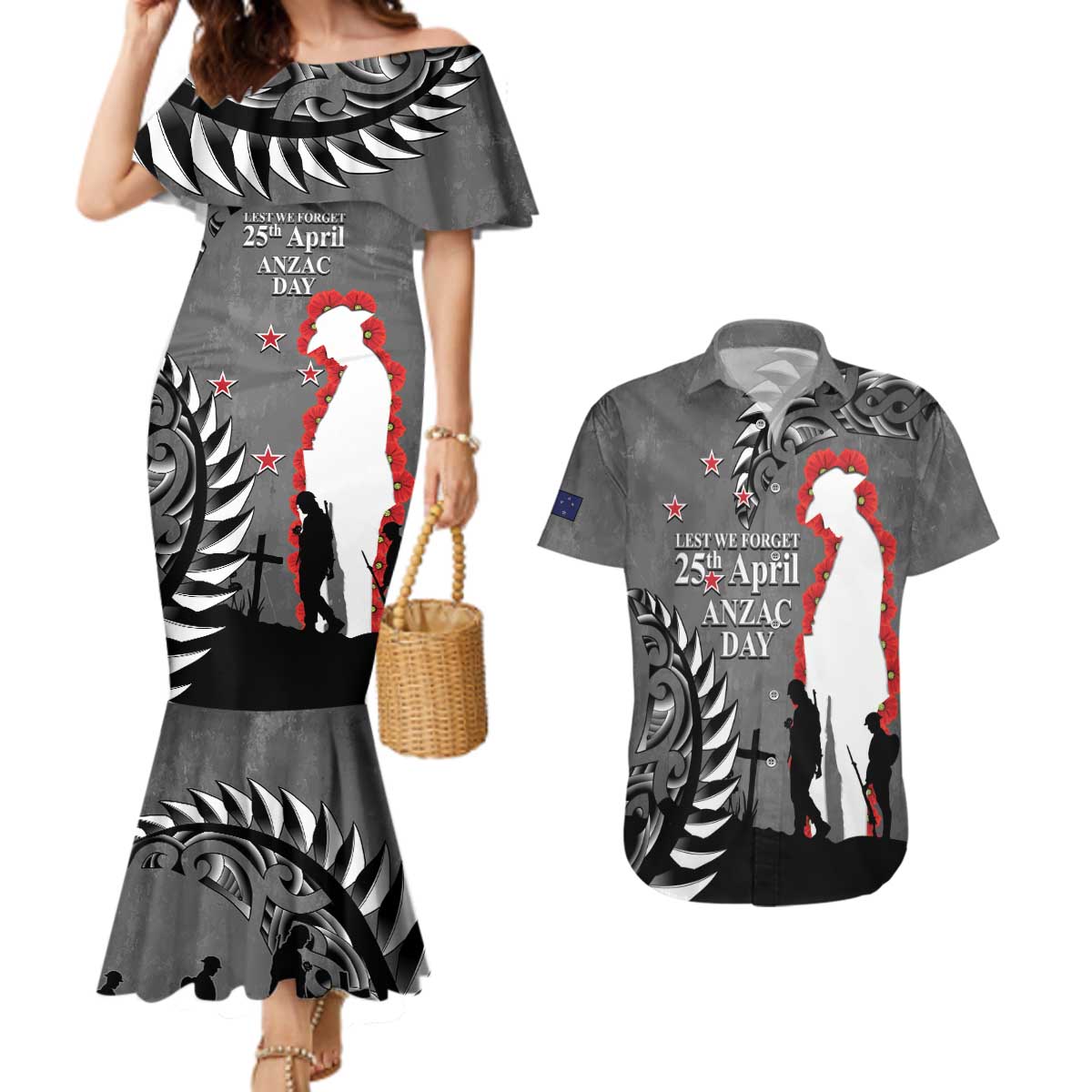 New Zealand ANZAC Day Couples Matching Mermaid Dress and Hawaiian Shirt 25th April Silver Fern With Poppy LT14 Gray - Polynesian Pride