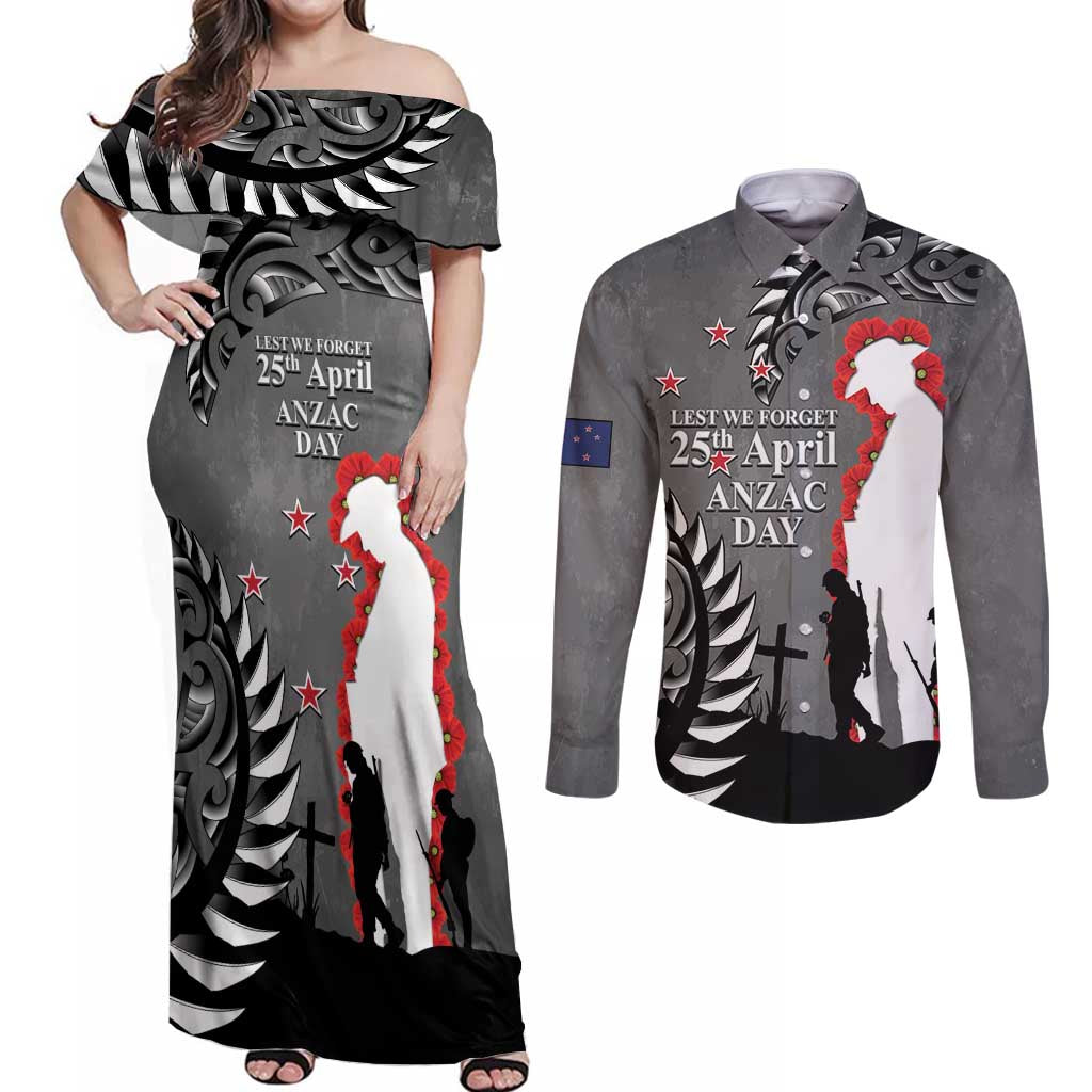 New Zealand ANZAC Day Couples Matching Off Shoulder Maxi Dress and Long Sleeve Button Shirt 25th April Silver Fern With Poppy LT14 Gray - Polynesian Pride