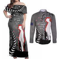 New Zealand ANZAC Day Couples Matching Off Shoulder Maxi Dress and Long Sleeve Button Shirt 25th April Silver Fern With Poppy LT14 Gray - Polynesian Pride