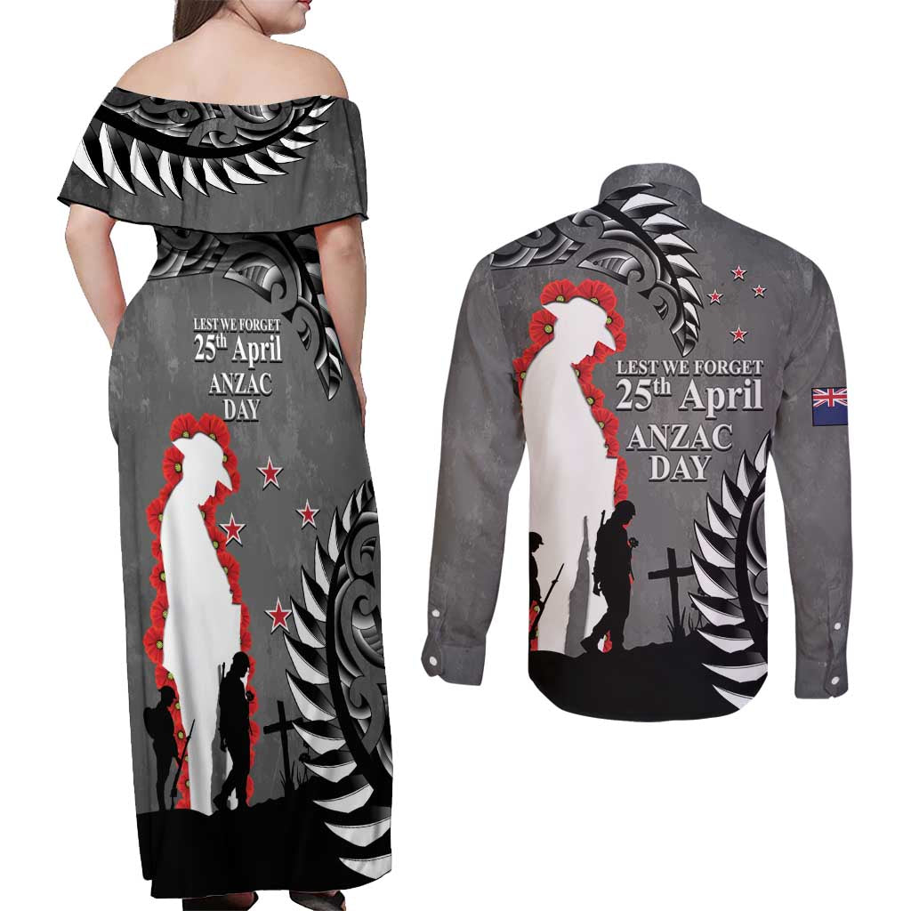 New Zealand ANZAC Day Couples Matching Off Shoulder Maxi Dress and Long Sleeve Button Shirt 25th April Silver Fern With Poppy LT14 - Polynesian Pride