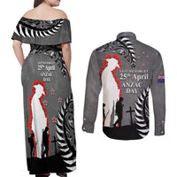 New Zealand ANZAC Day Couples Matching Off Shoulder Maxi Dress and Long Sleeve Button Shirt 25th April Silver Fern With Poppy LT14 - Polynesian Pride