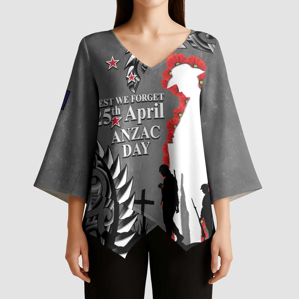 New Zealand ANZAC Day Kimono Sleeve Blouse 25th April Silver Fern With Poppy - Polynesian Pride