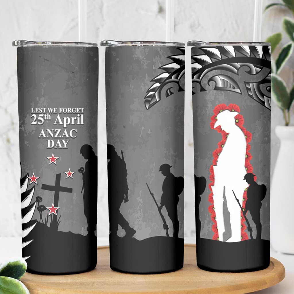 New Zealand ANZAC Day Skinny Tumbler 25th April Silver Fern With Poppy