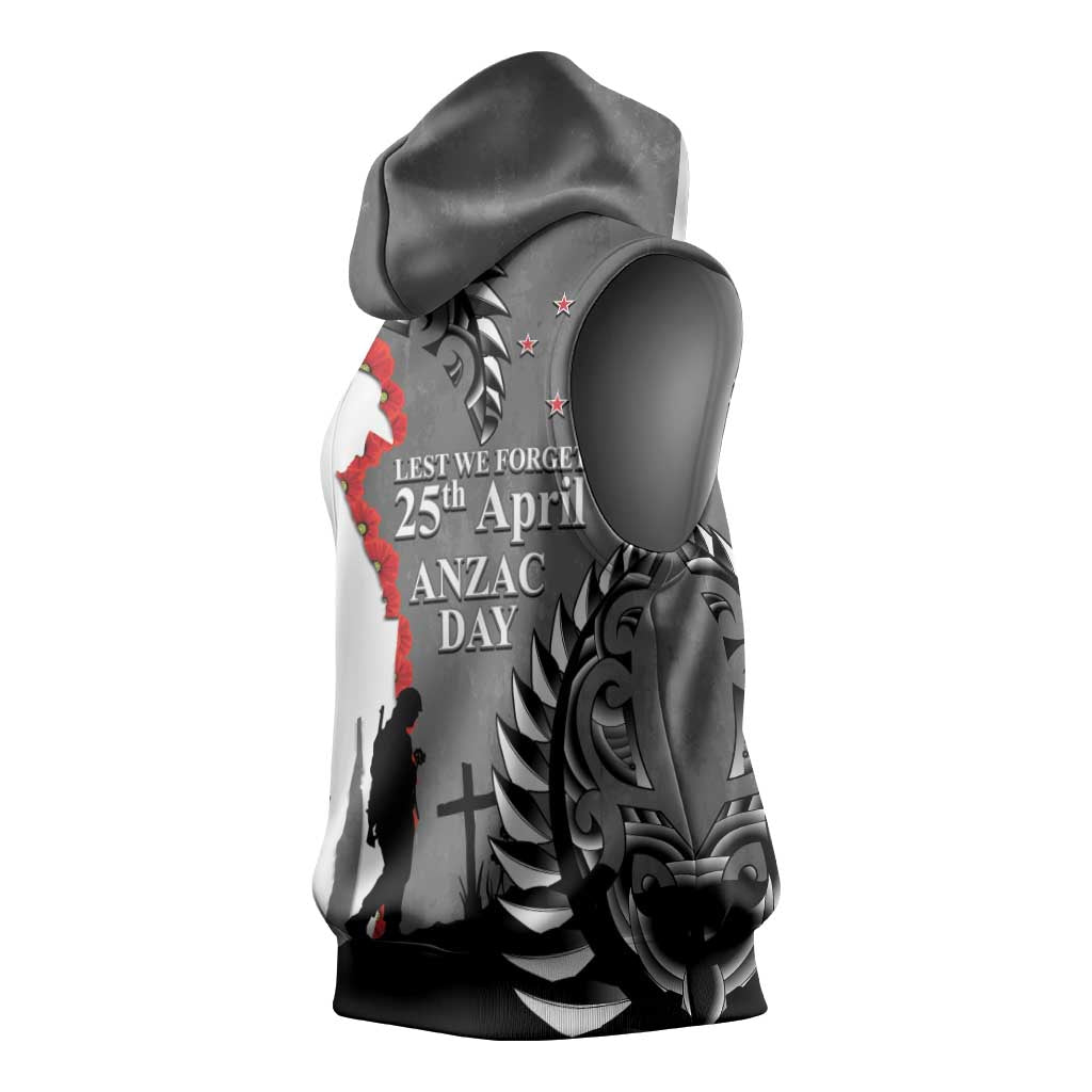 New Zealand ANZAC Day Sleeveless Hoodie 25th April Silver Fern With Poppy - Polynesian Pride