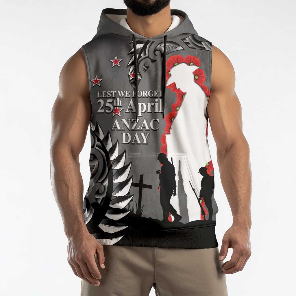 New Zealand ANZAC Day Sleeveless Hoodie 25th April Silver Fern With Poppy - Polynesian Pride