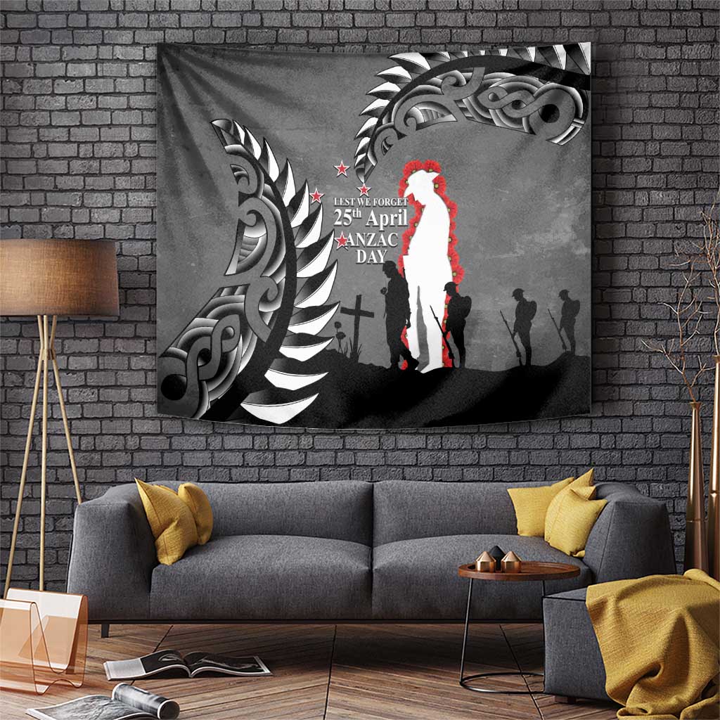 New Zealand ANZAC Day Tapestry 25th April Silver Fern With Poppy LT14 Gray - Polynesian Pride