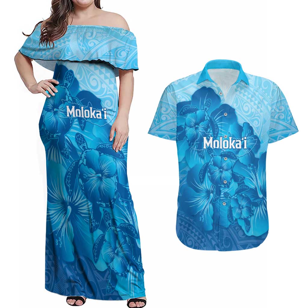 Aloha Hawaii Molokai Island Couples Matching Off Shoulder Maxi Dress and Hawaiian Shirt Hibiscus Tribal Honu Hawaiian Tattoo