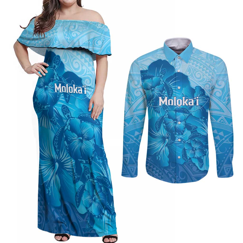 Aloha Hawaii Molokai Island Couples Matching Off Shoulder Maxi Dress and Long Sleeve Button Shirt Hibiscus Tribal Honu Hawaiian Tattoo