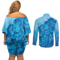 Aloha Hawaii Molokai Island Couples Matching Off Shoulder Short Dress and Long Sleeve Button Shirt Hibiscus Tribal Honu Hawaiian Tattoo