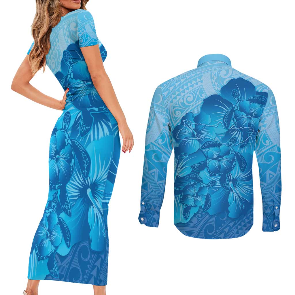 Aloha Hawaii Molokai Island Couples Matching Short Sleeve Bodycon Dress and Long Sleeve Button Shirt Hibiscus Tribal Honu Hawaiian Tattoo