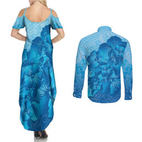 Aloha Hawaii Molokai Island Couples Matching Summer Maxi Dress and Long Sleeve Button Shirt Hibiscus Tribal Honu Hawaiian Tattoo