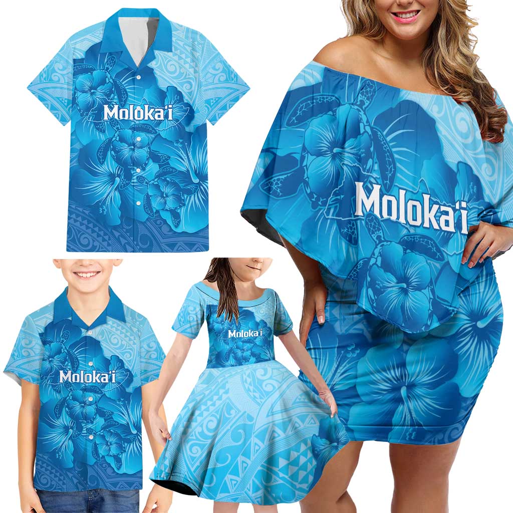 Aloha Hawaii Molokai Island Family Matching Off Shoulder Short Dress and Hawaiian Shirt Hibiscus Tribal Honu Hawaiian Tattoo