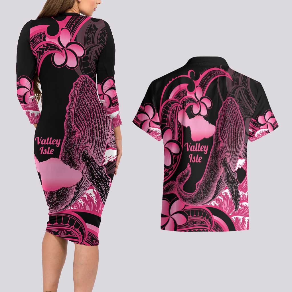 Aloha Hawaii Maui Couples Matching Long Sleeve Bodycon Dress and Hawaiian Shirt Valley Isle Humpback Whale Black