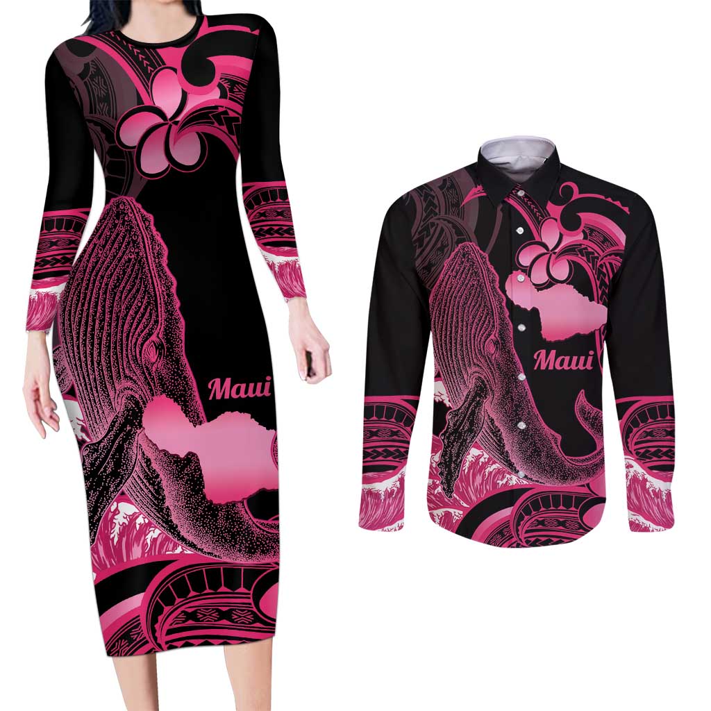 Aloha Hawaii Maui Couples Matching Long Sleeve Bodycon Dress and Long Sleeve Button Shirt Valley Isle Humpback Whale Black