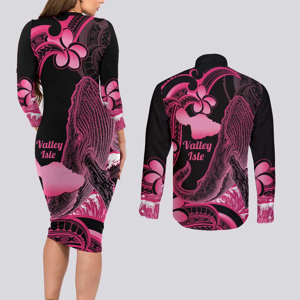 Aloha Hawaii Maui Couples Matching Long Sleeve Bodycon Dress and Long Sleeve Button Shirt Valley Isle Humpback Whale Black
