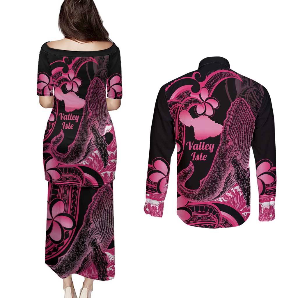 Aloha Hawaii Maui Couples Matching Puletasi and Long Sleeve Button Shirt Valley Isle Humpback Whale Black