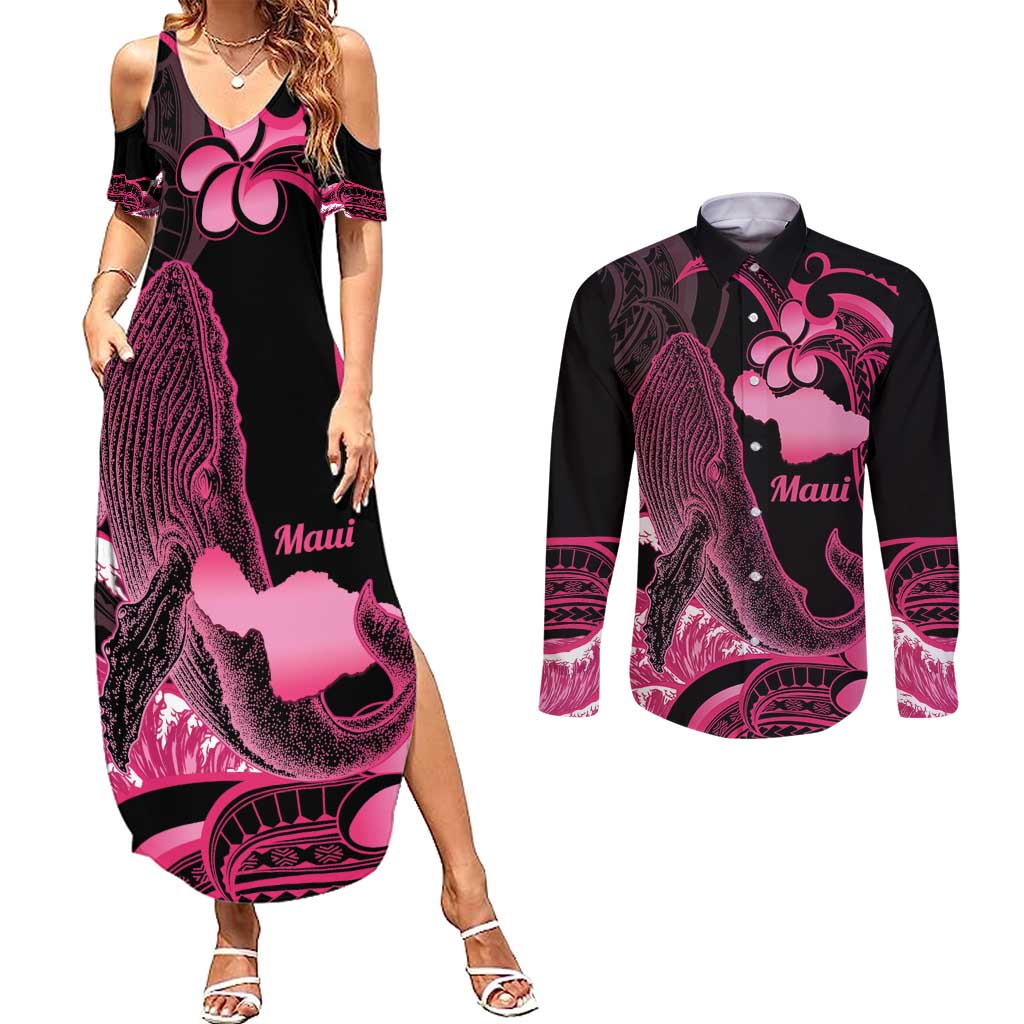 Aloha Hawaii Maui Couples Matching Summer Maxi Dress and Long Sleeve Button Shirt Valley Isle Humpback Whale Black