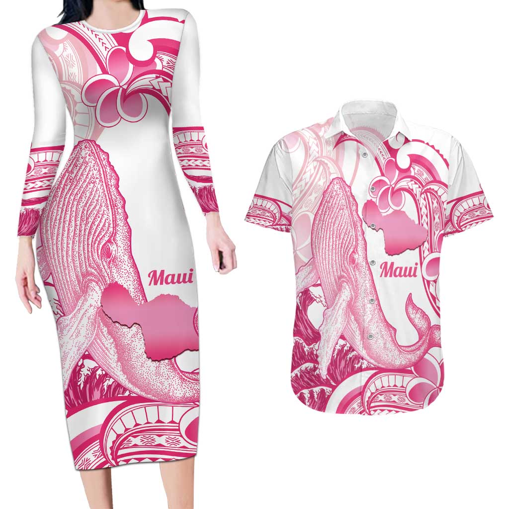 Aloha Hawaii Maui Couples Matching Long Sleeve Bodycon Dress and Hawaiian Shirt Valley Isle Humpback Whale White