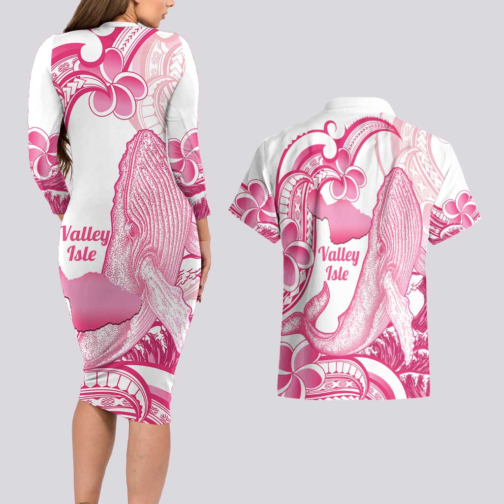 Aloha Hawaii Maui Couples Matching Long Sleeve Bodycon Dress and Hawaiian Shirt Valley Isle Humpback Whale White