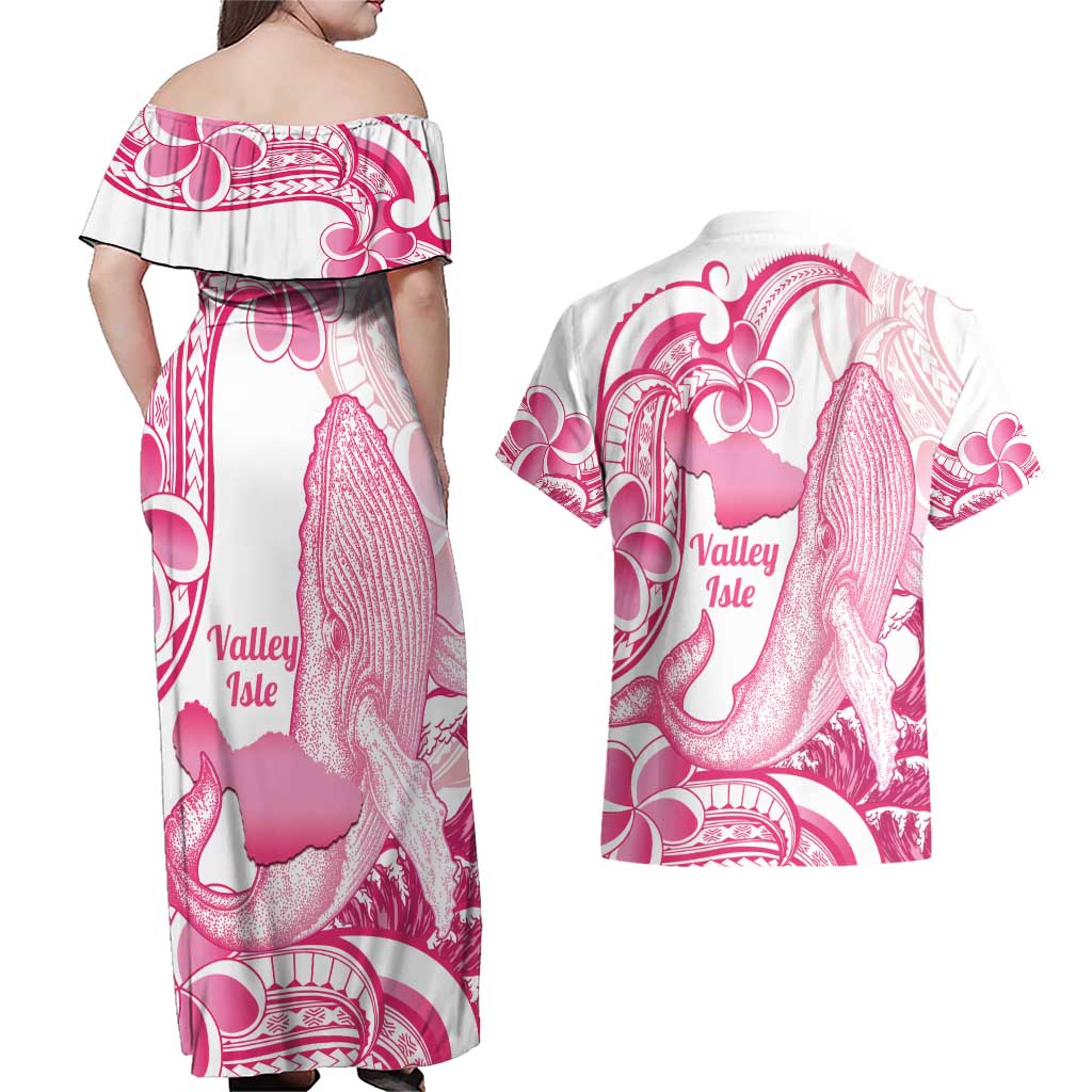Aloha Hawaii Maui Couples Matching Off Shoulder Maxi Dress and Hawaiian Shirt Valley Isle Humpback Whale White