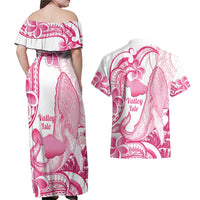 Aloha Hawaii Maui Couples Matching Off Shoulder Maxi Dress and Hawaiian Shirt Valley Isle Humpback Whale White