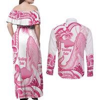 Aloha Hawaii Maui Couples Matching Off Shoulder Maxi Dress and Long Sleeve Button Shirt Valley Isle Humpback Whale White