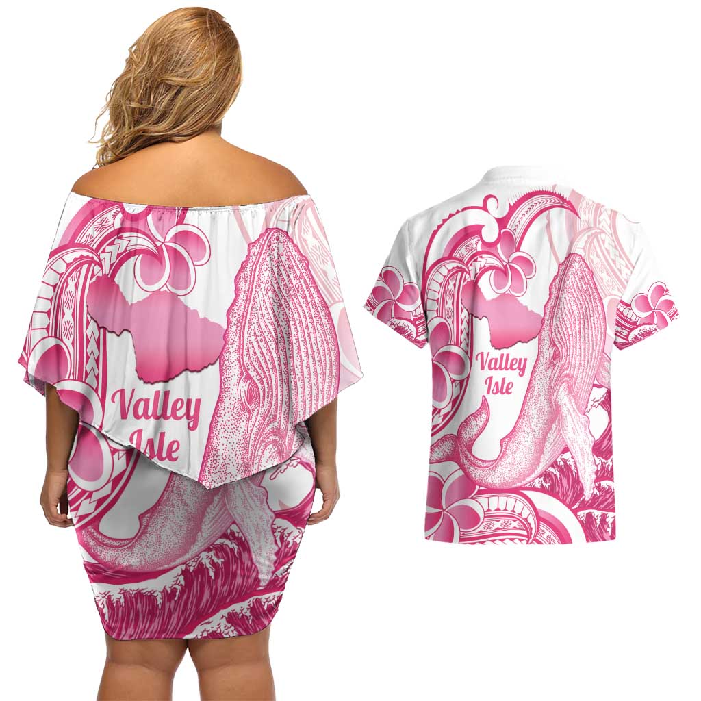 Aloha Hawaii Maui Couples Matching Off Shoulder Short Dress and Hawaiian Shirt Valley Isle Humpback Whale White