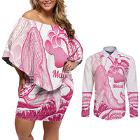 Aloha Hawaii Maui Couples Matching Off Shoulder Short Dress and Long Sleeve Button Shirt Valley Isle Humpback Whale White