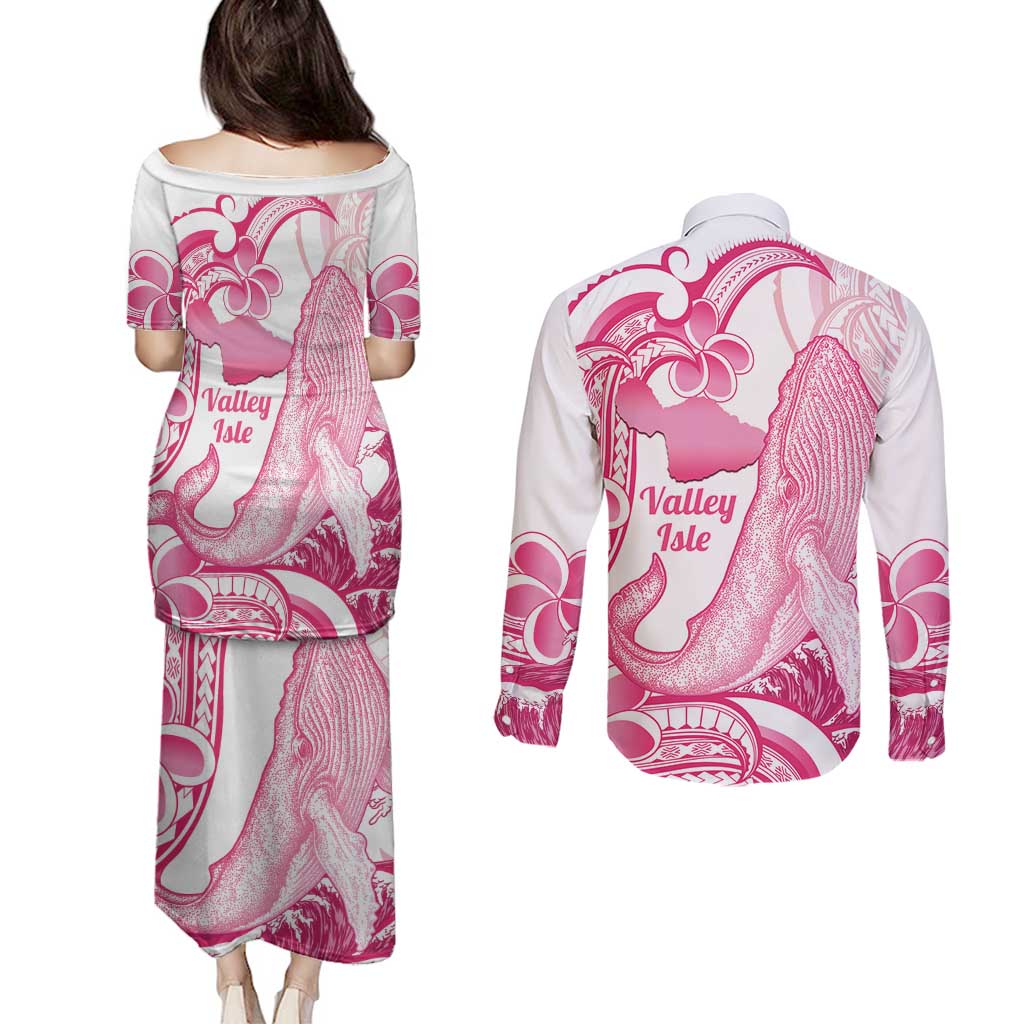 Aloha Hawaii Maui Couples Matching Puletasi and Long Sleeve Button Shirt Valley Isle Humpback Whale White LT14 - Polynesian Pride