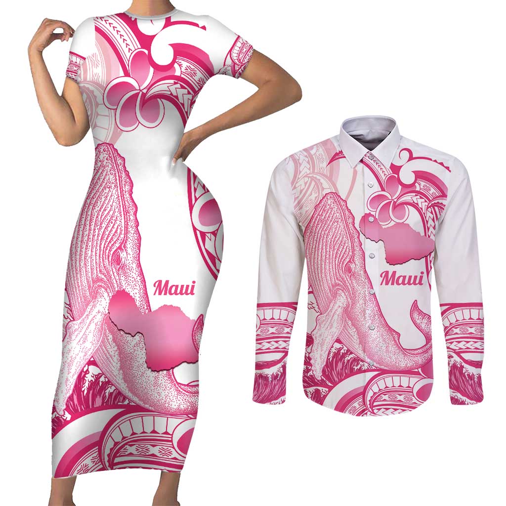 Aloha Hawaii Maui Couples Matching Short Sleeve Bodycon Dress and Long Sleeve Button Shirt Valley Isle Humpback Whale White