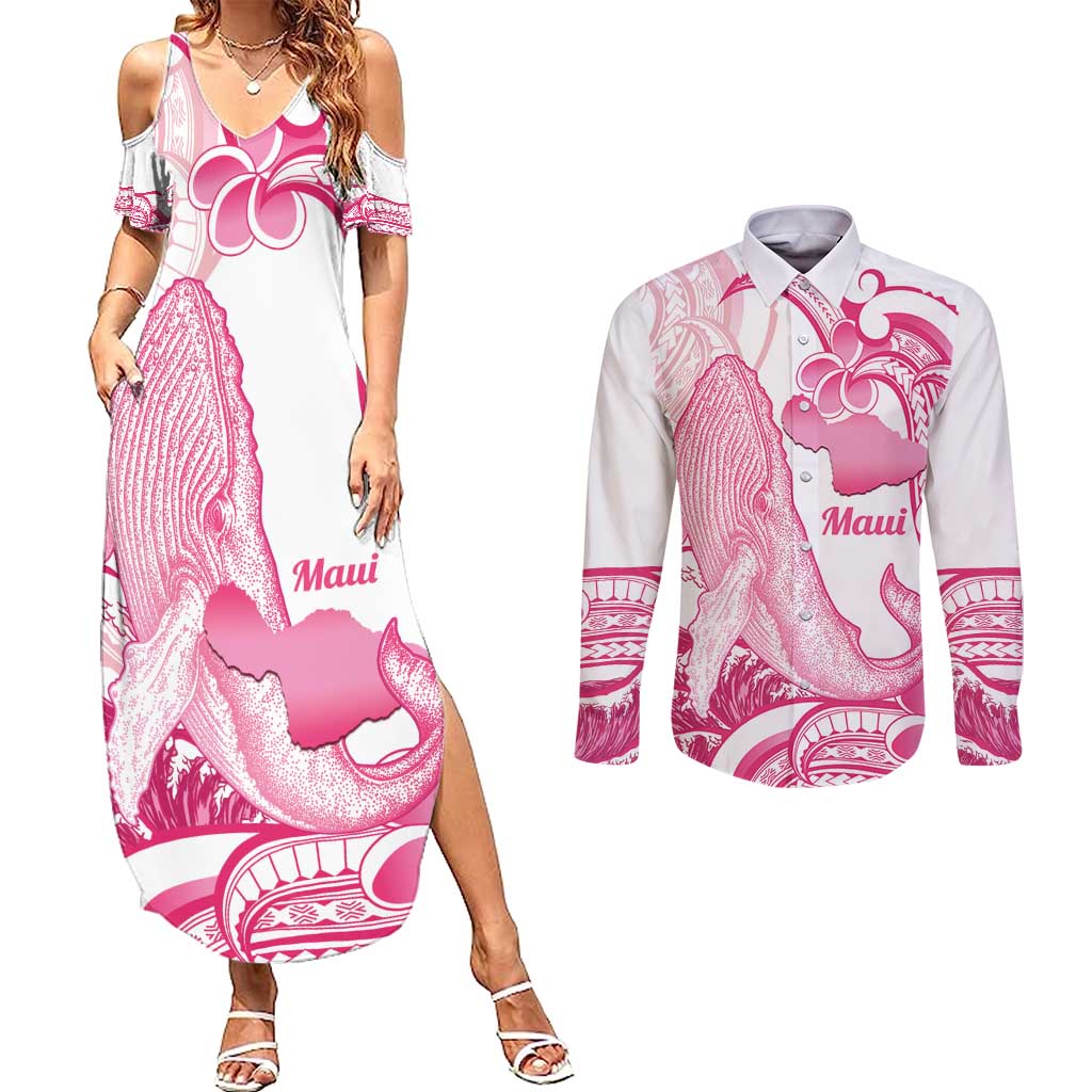Aloha Hawaii Maui Couples Matching Summer Maxi Dress and Long Sleeve Button Shirt Valley Isle Humpback Whale White