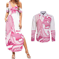 Aloha Hawaii Maui Couples Matching Summer Maxi Dress and Long Sleeve Button Shirt Valley Isle Humpback Whale White