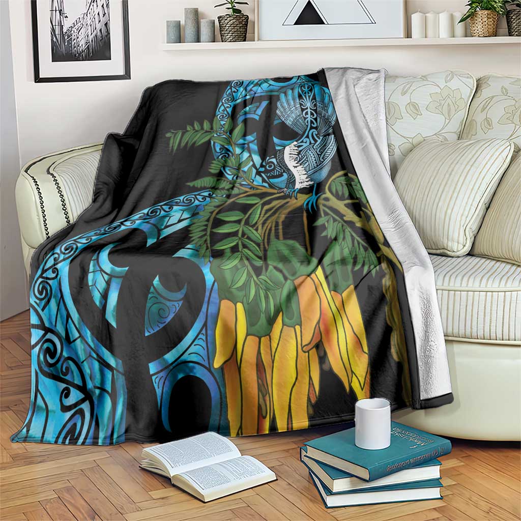 Turquoise New Zealand Kowhai And Piwakawaka Blanket Maori Ngaru Paua Shell LT14 Turquoise - Polynesian Pride