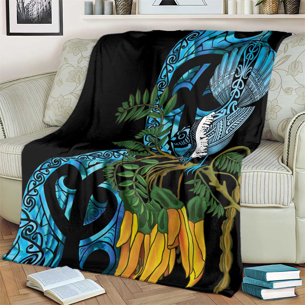 Turquoise New Zealand Kowhai And Piwakawaka Blanket Maori Ngaru Paua Shell LT14 - Polynesian Pride
