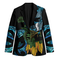 Turquoise New Zealand Kowhai And Piwakawaka Blazer Maori Ngaru Paua Shell - Polynesian Pride