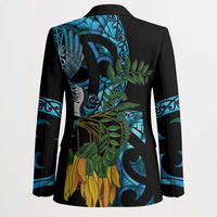 Turquoise New Zealand Kowhai And Piwakawaka Blazer Maori Ngaru Paua Shell - Polynesian Pride