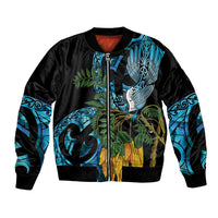 Turquoise New Zealand Kowhai And Piwakawaka Bomber Jacket Maori Ngaru Paua Shell