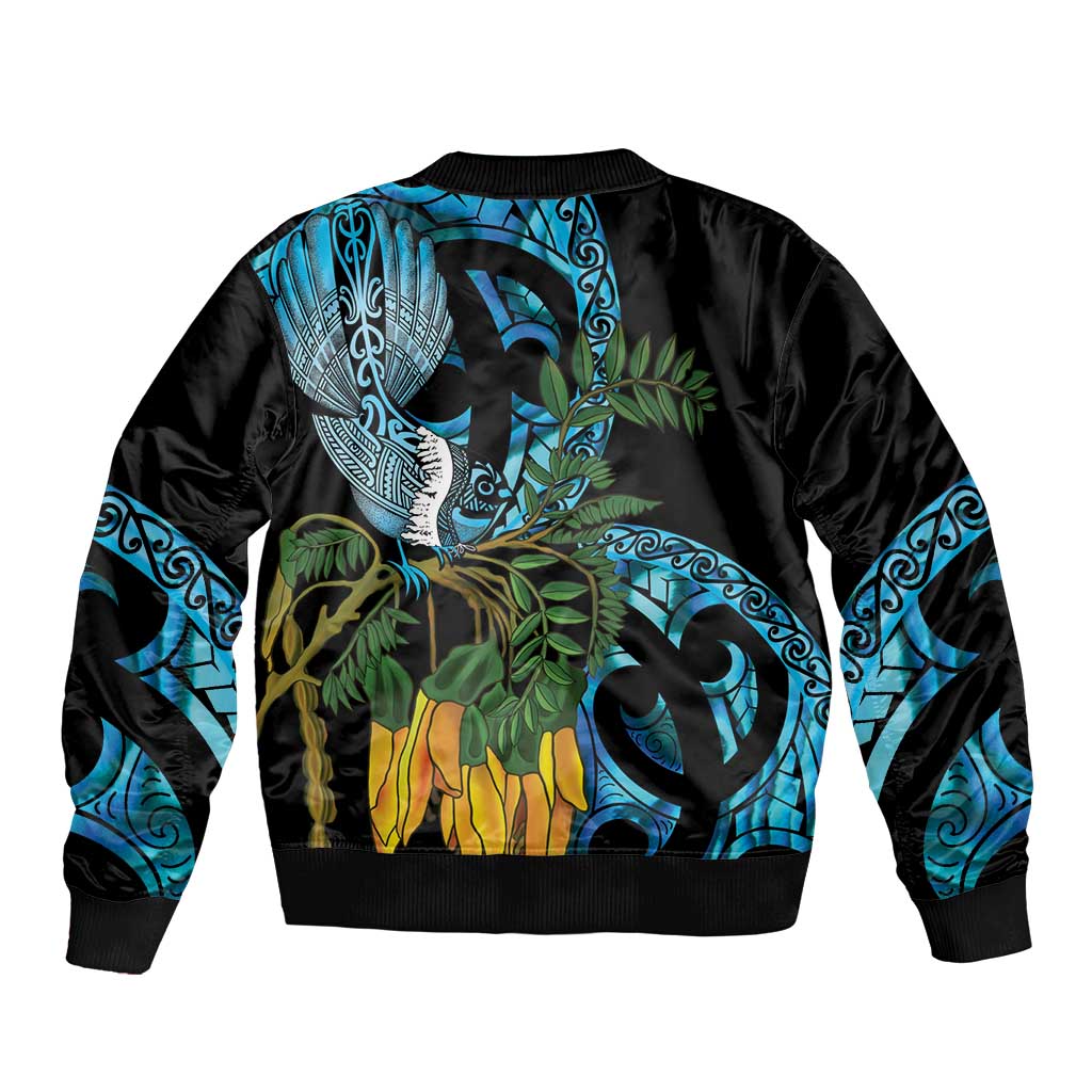 Turquoise New Zealand Kowhai And Piwakawaka Bomber Jacket Maori Ngaru Paua Shell