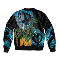 Turquoise New Zealand Kowhai And Piwakawaka Bomber Jacket Maori Ngaru Paua Shell