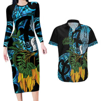 Turquoise New Zealand Kowhai And Piwakawaka Couples Matching Long Sleeve Bodycon Dress and Hawaiian Shirt Maori Ngaru Paua Shell