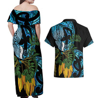 Turquoise New Zealand Kowhai And Piwakawaka Couples Matching Off Shoulder Maxi Dress and Hawaiian Shirt Maori Ngaru Paua Shell