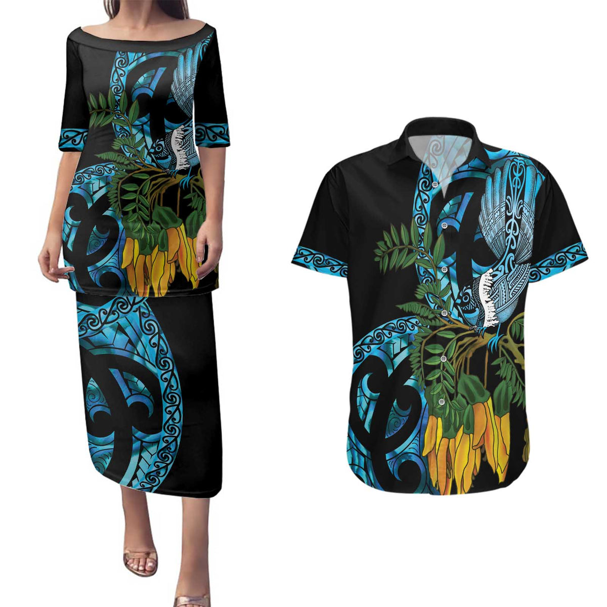 Turquoise New Zealand Kowhai And Piwakawaka Couples Matching Puletasi and Hawaiian Shirt Maori Ngaru Paua Shell