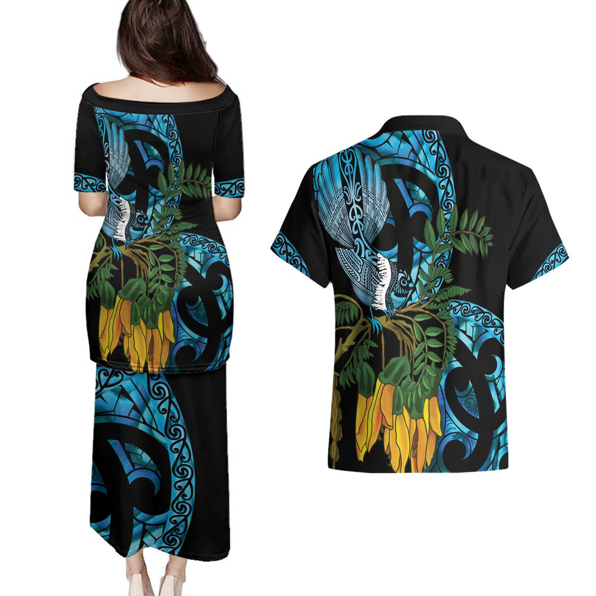 Turquoise New Zealand Kowhai And Piwakawaka Couples Matching Puletasi and Hawaiian Shirt Maori Ngaru Paua Shell