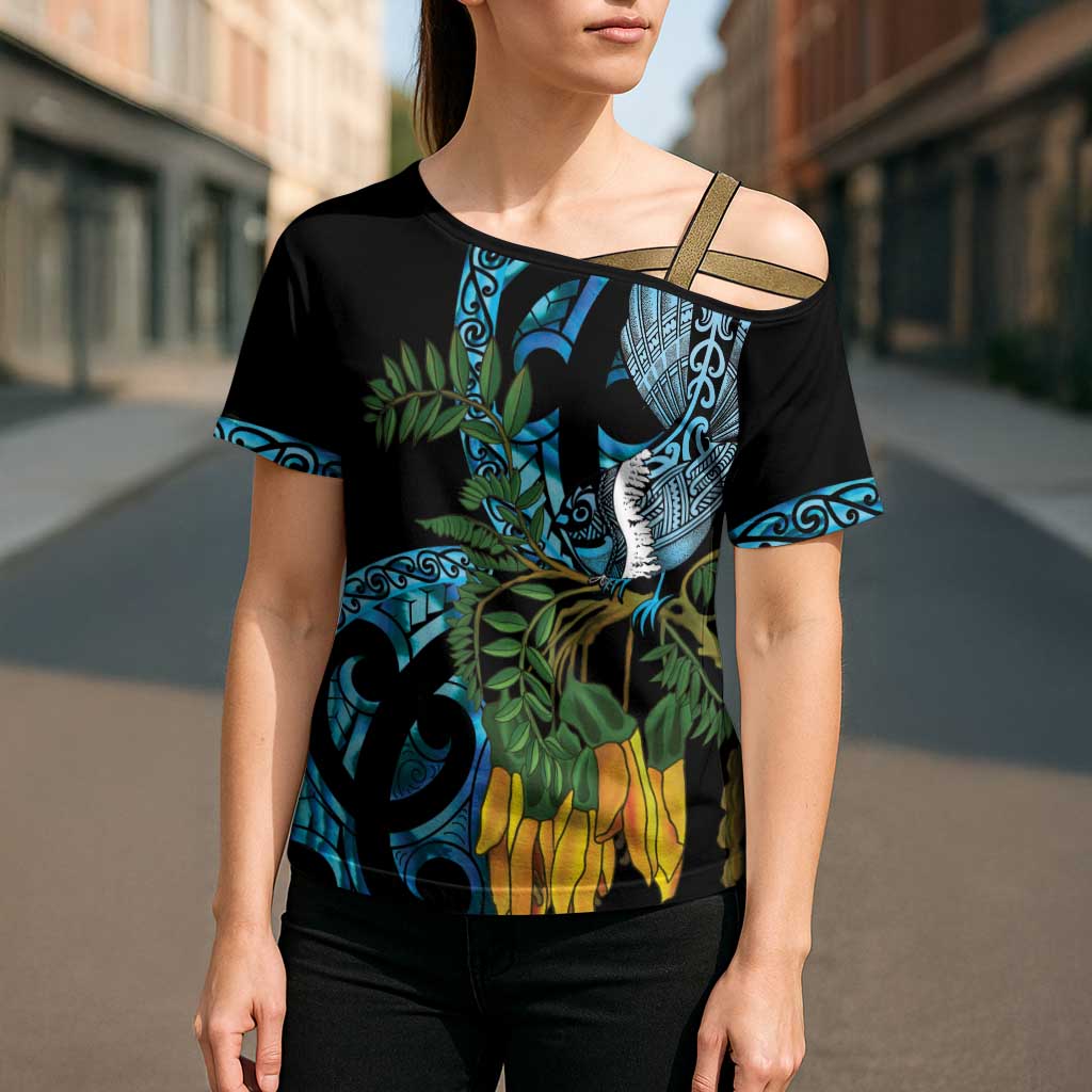 Turquoise New Zealand Kowhai And Piwakawaka Cross Shoulder Shirt Maori Ngaru Paua Shell - Polynesian Pride